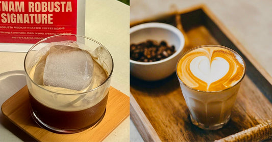 Iced robusta coffee with thick crema and latte with heart-shaped foam art, side by side.