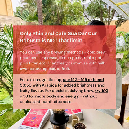 Person enjoying coffee at outdoor cafe table with coffee brewing equipment, surrounded by plants, text promoting Robusta coffee brewing methods.