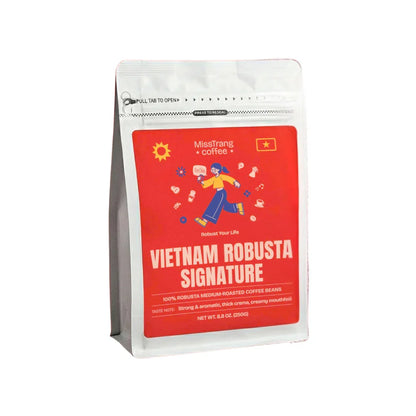 Bag of Vietnam Robusta Signature medium-roast coffee beans with red label and graphics